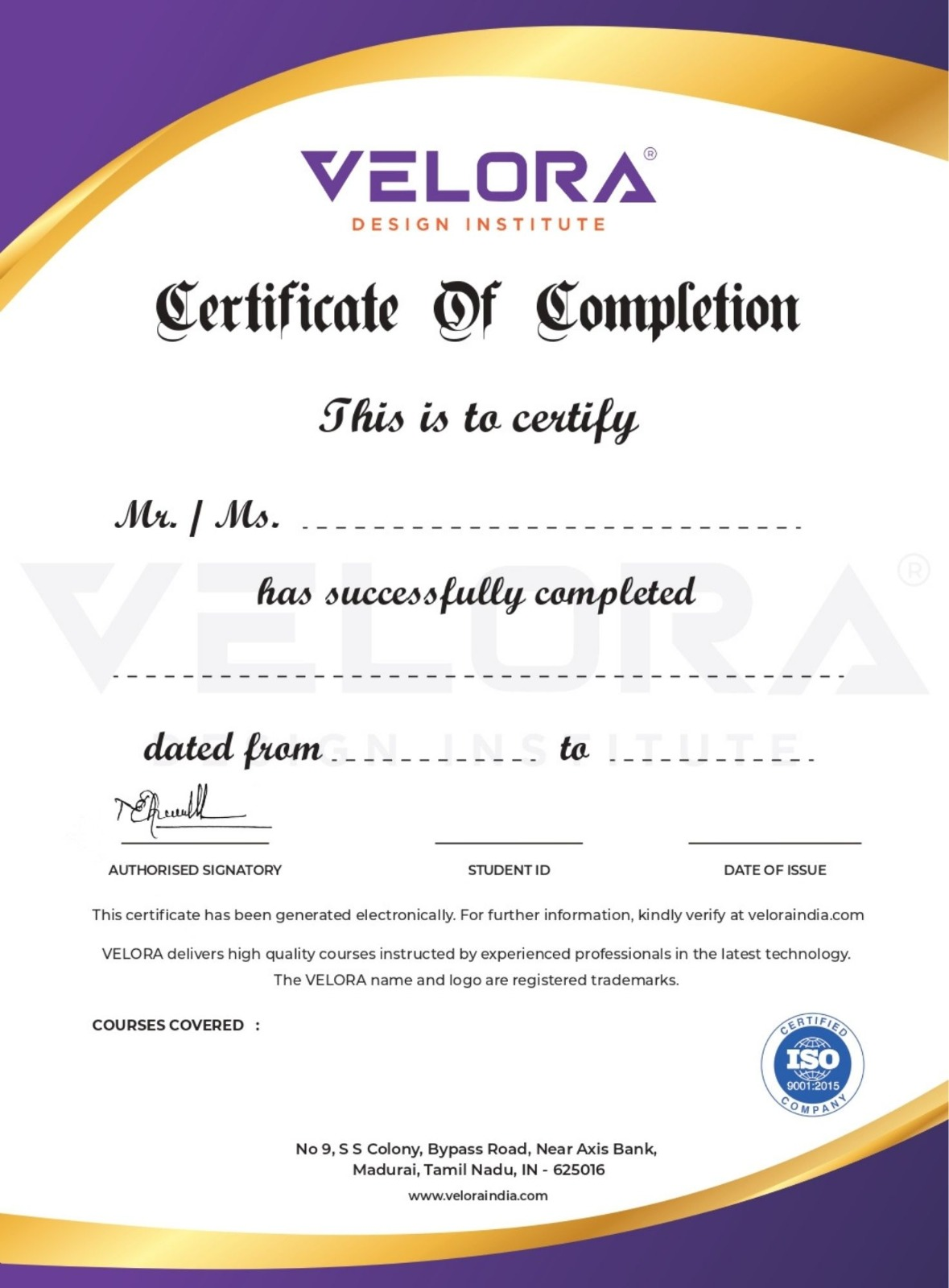 Velora certificate of completion
