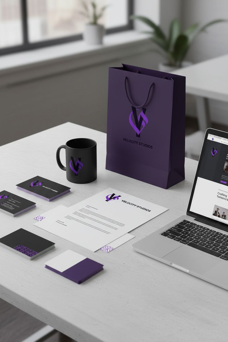Purple brand identity project mockup on a desk